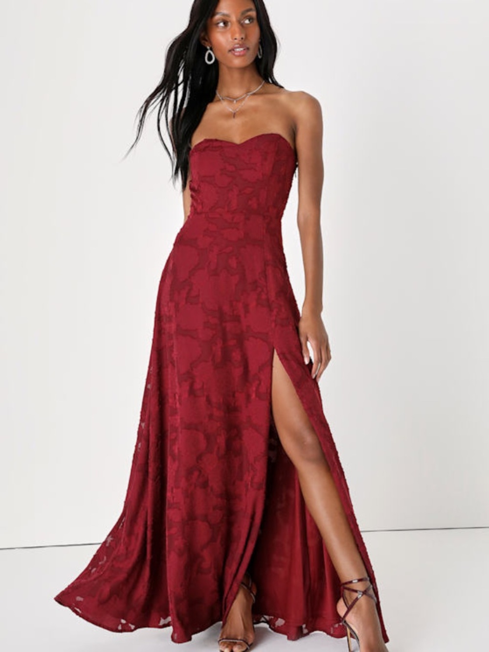 Lulus Garden Of Romance Burgundy Floral Burnout Strapless Maxi Dress Red